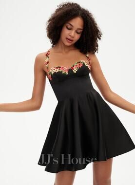 NEW JJ's House Black Silk Satin Floral Embroidered Mini Fit & Flare Dress Sz 10